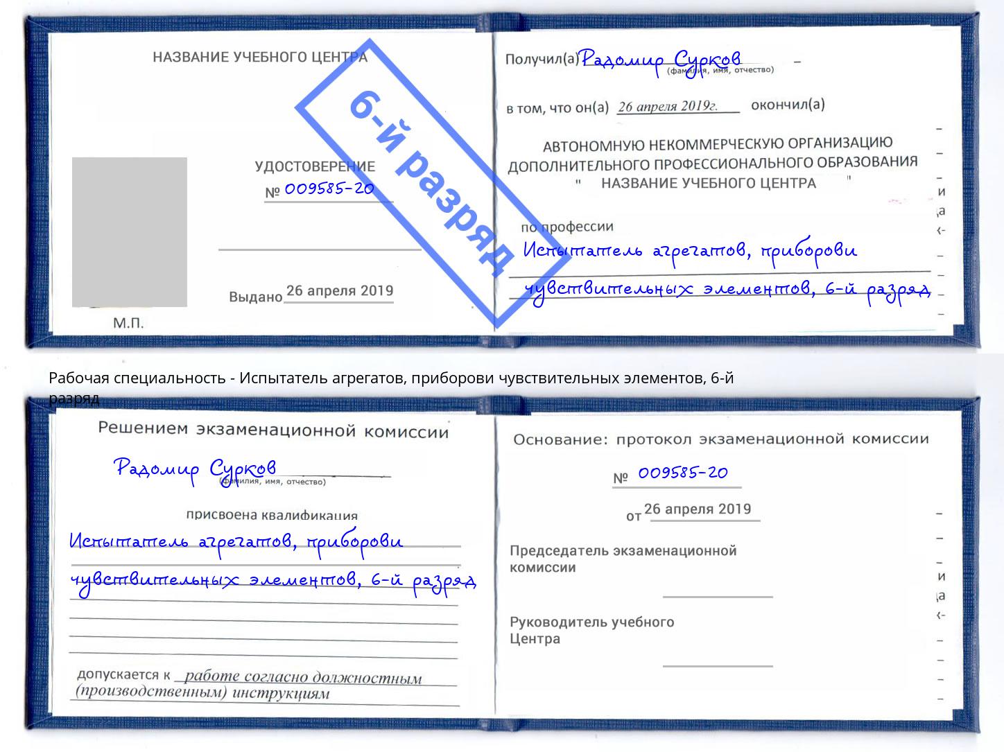 корочка 6-й разряд Испытатель агрегатов, приборови чувствительных элементов Новокуйбышевск