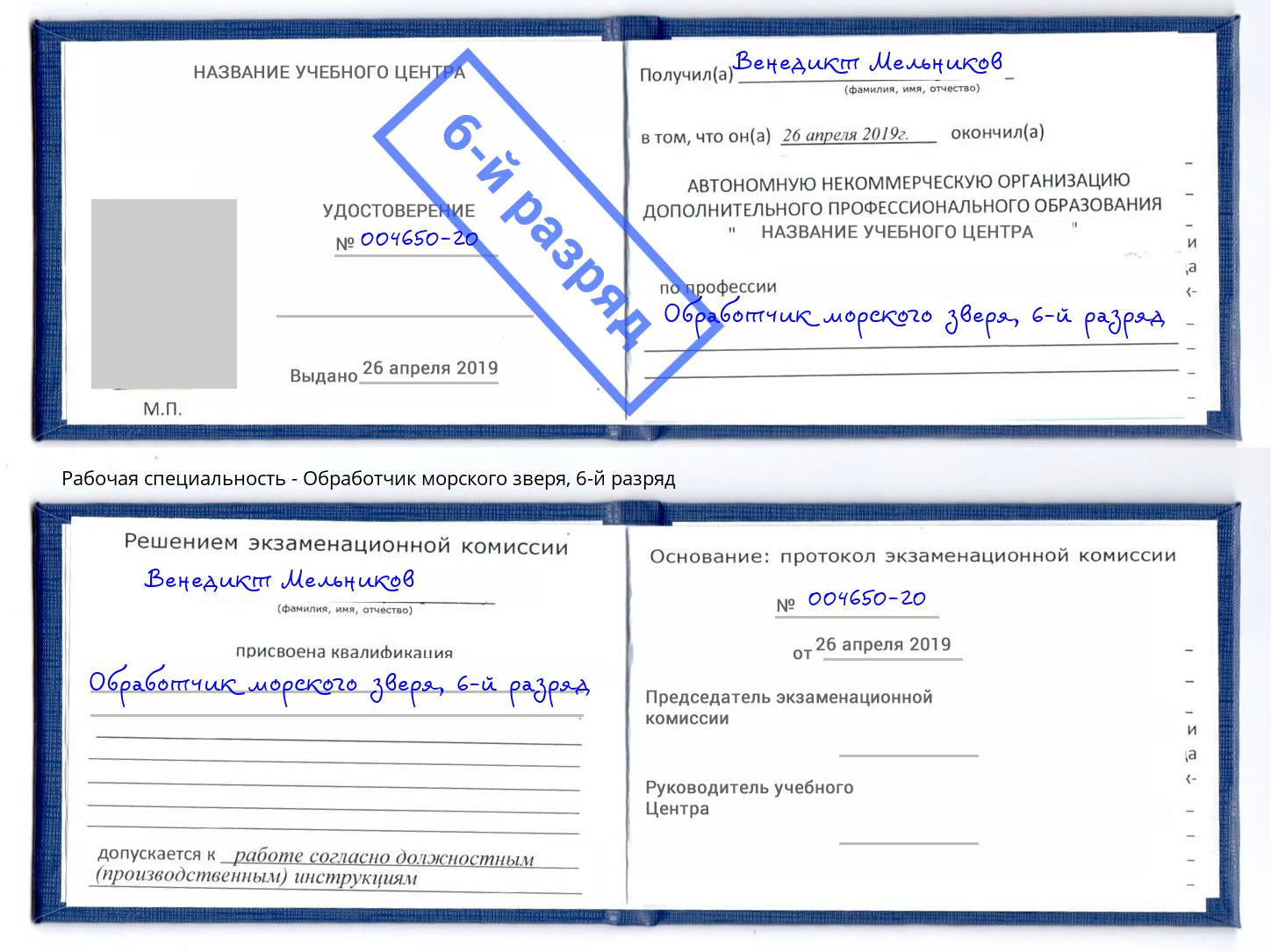 корочка 6-й разряд Обработчик морского зверя Новокуйбышевск