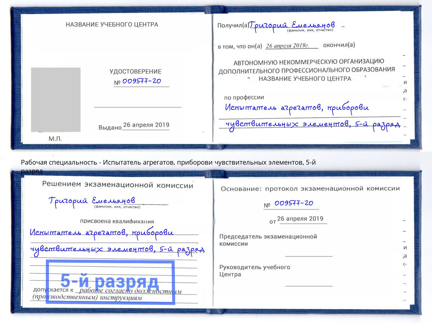 корочка 5-й разряд Испытатель агрегатов, приборови чувствительных элементов Новокуйбышевск