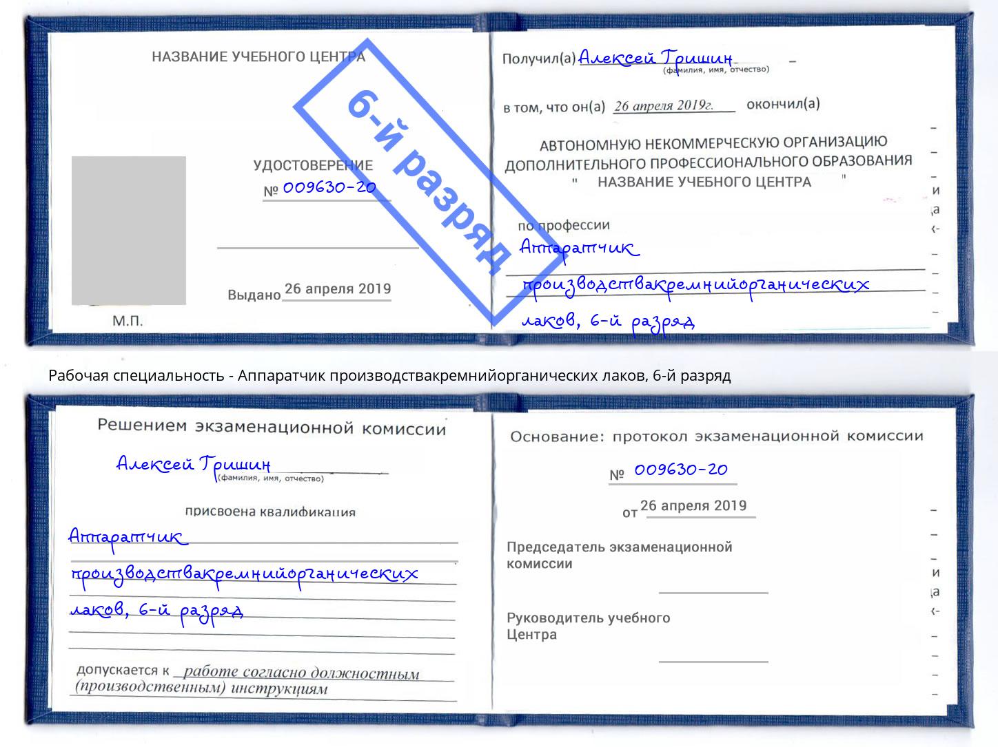 корочка 6-й разряд Аппаратчик производствакремнийорганических лаков Новокуйбышевск