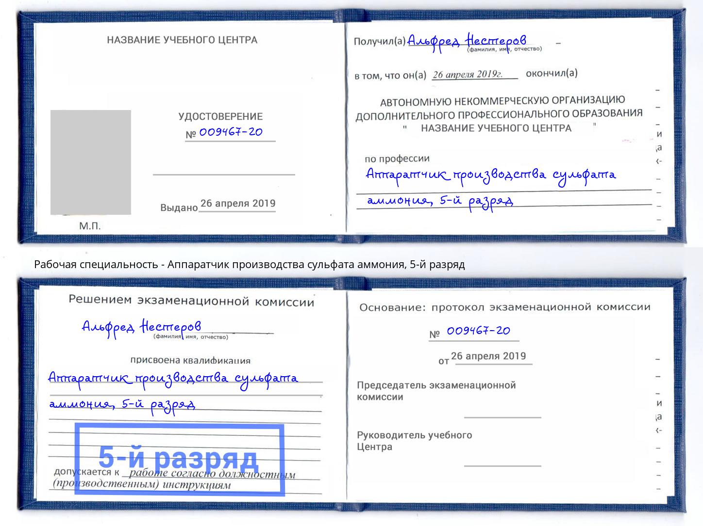 корочка 5-й разряд Аппаратчик производства сульфата аммония Новокуйбышевск